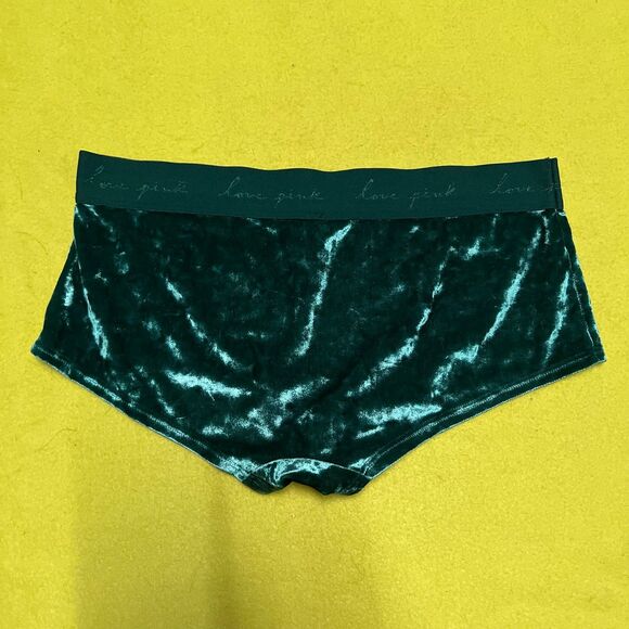 Victoria’s Secret PINK Crushed Velvet Logo Boyshorts Panty NWT M Logo Green VS - Picture 5 of 5